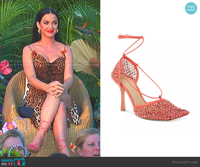 Bottega Veneta Crystal Stretch Ankle Wrap Pump in Sunburst worn by Katy Perry on American Idol