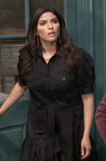 Brook Lynne’s black puff-sleeve shirtdress on General Hospital