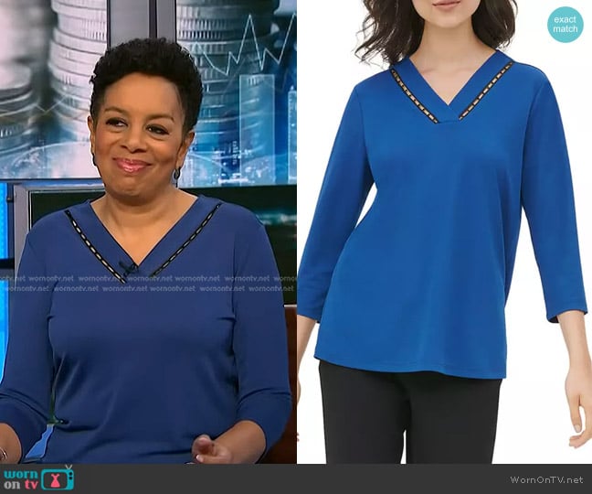 Calvin Klein V-Neck Beaded Trim Knit Top worn by Sharon Epperson on NBC News Daily