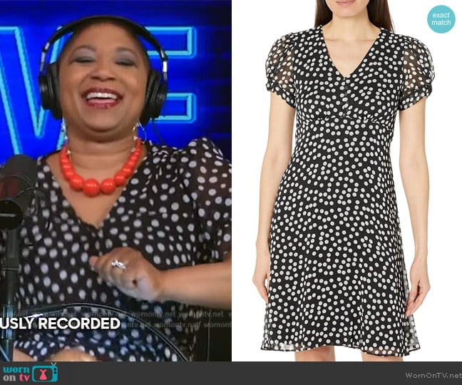 Calvin Klein Chiffon Print Dress with Puff Sleeves worn by Deja Vu on Live with Kelly and Mark