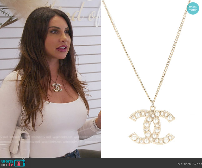 Chanel CC Pendant Necklace with metallic crystals and pearls worn by Jennifer Aydin on The Real Housewives of New Jersey