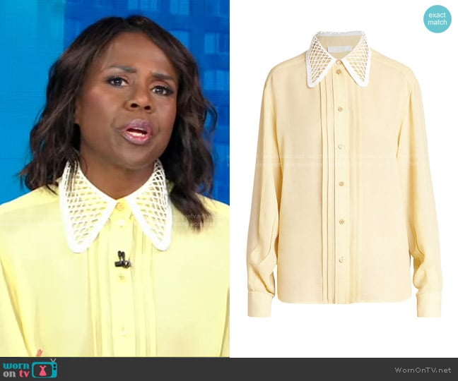 Chloe Lace Overlay Collar Button-Down Shirt In Jojoba Yellow worn by Deborah Roberts on Good Morning America