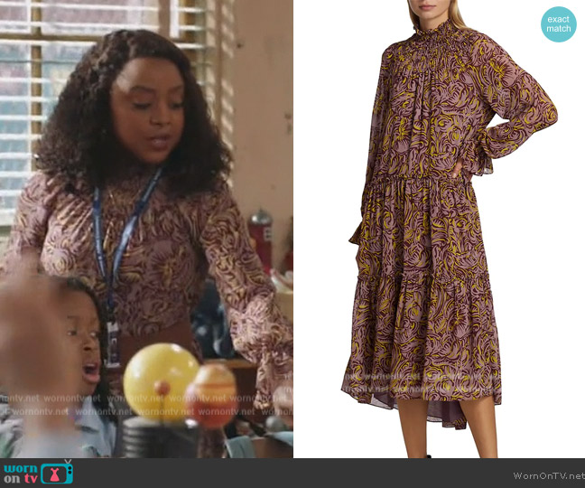 WornOnTV: Janine’s purple printed long sleeve dress on Abbott ...