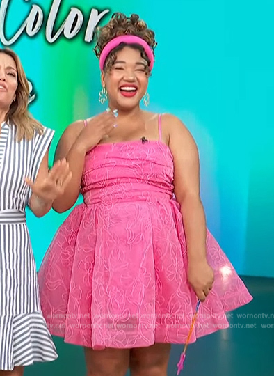Courtney Quinn's pink lace mini dress on Access Hollywood