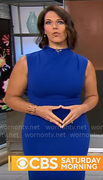 Dana Jacobson's blue draped neck dress on CBS Mornings