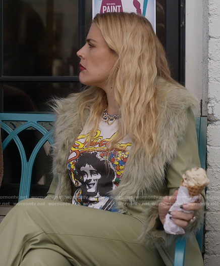Darby's green leather jacket with fur collar and Rod Stewart tee on Single Drunk Female