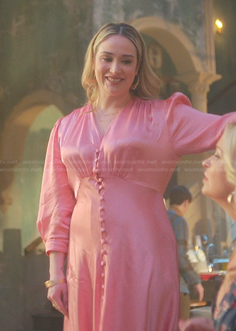 Davia's pink button front satin dress on Good Trouble