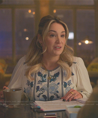 Davia's white floral embroidered blouse on Good Trouble