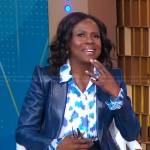 Deborah’s printed blouse and blue leather blazer on Good Morning America