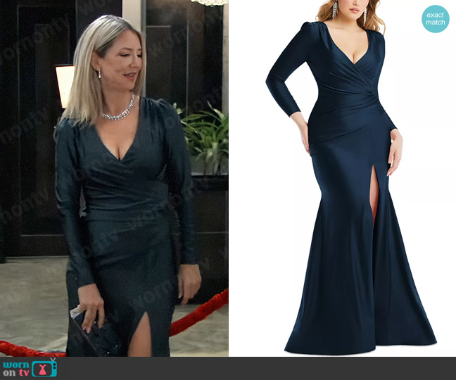 Dessy Collection Long-Sleeve Side-Ruched Satin Gown worn by Nina Reeves (Cynthia Watros) on General Hospital