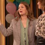 Drew’s gray plaid blazer and tie neck blouse on The Drew Barrymore Show