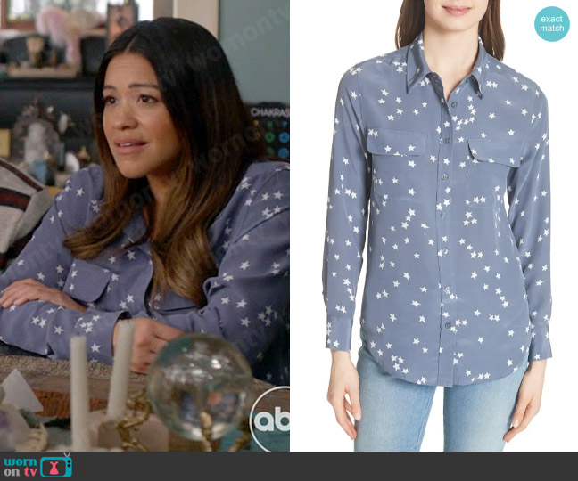 Equipment Starry Night Silk Shirt in Bluestone worn by Nell Serrano (Gina Rodriguez) on Not Dead Yet