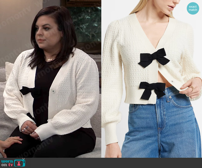 WornOnTV: Maxie's white cardigan with black bows on General Hospital |  Kirsten Storms | Clothes and Wardrobe from TV