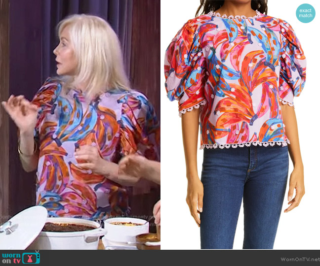 Farm Rio Colored Bananas Puff Sleeve Cotton Blouse worn by Chef Blondie on The Kelly Clarkson Show