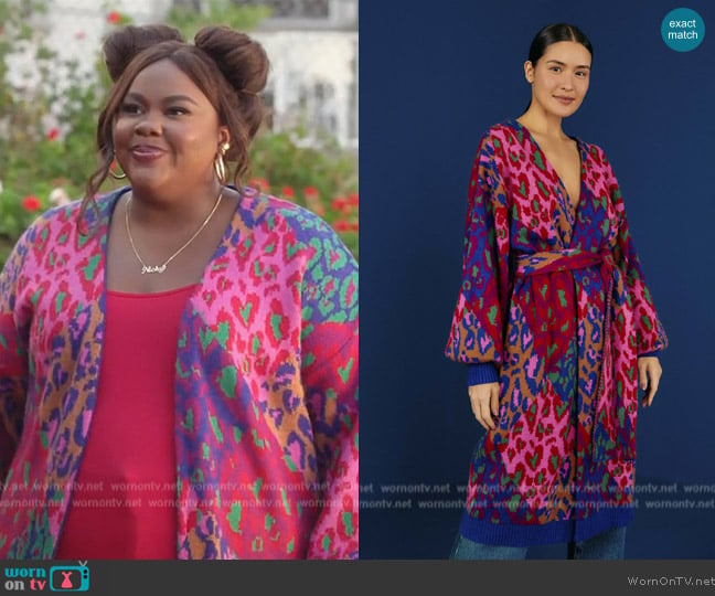 Farm Rio Mixed Leopard Pop Cardigan worn by Nicky (Nicole Byer) on Grand Crew