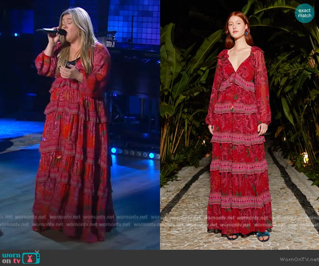 Farm Rio Red Shiny Flowers Maxi Dress worn by Kelly Clarkson on The Kelly Clarkson Show