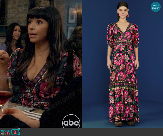 Farm Rio Black Flowers Garden Maxi Dress worn by Sam (Hannah Simone) on Not Dead Yet