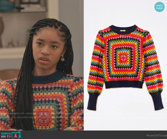 Farm Rio Sunset Stripes Crochet Sweater worn by Ashley Banks (Akira Akbar) on Bel-Air