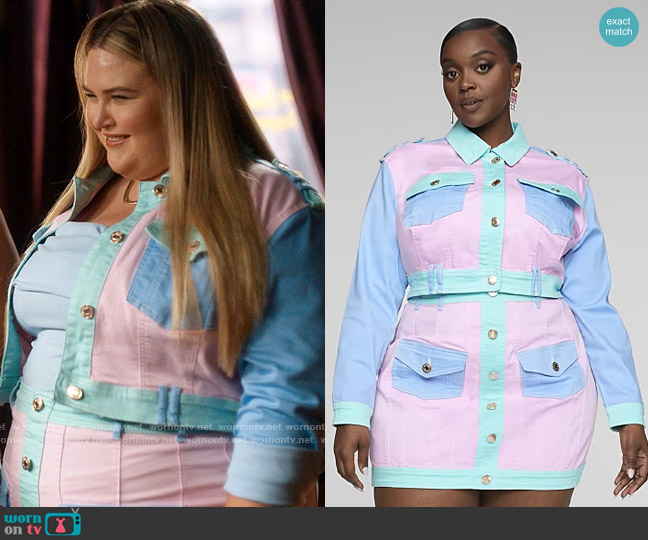 Fashion to Figure Alicia Denim Colorblock Jacket worn by Felicia O'Brien (Lily Mae Harrington) on Single Drunk Female