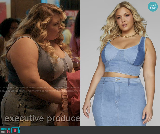 Fashion to Figure Colorblock Denim Crop Top worn by Felicia O'Brien (Lily Mae Harrington) on Single Drunk Female