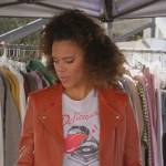 Fay’s orange leather moto jacket and tee on Grand Crew