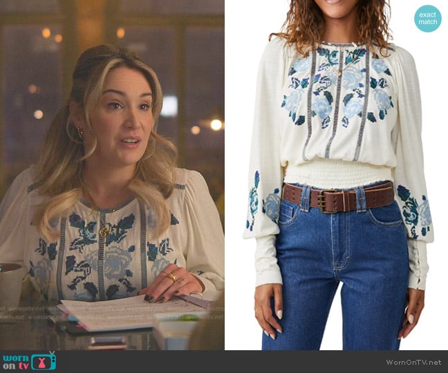 Free People Felicity Embroidered Smocked Waist Peasant Blouse worn by Davia (Emma Hunton) on Good Trouble