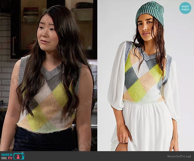 Free People Quinn Sweater Vest in Stormy Spring Combo worn by Wendy Shin (Victoria Grace) on Days of our Lives