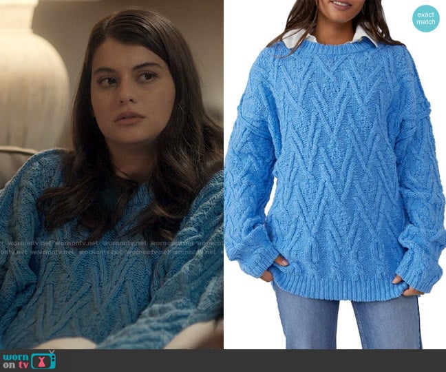 Sam’s blue cable knit sweater on Single Drunk Female