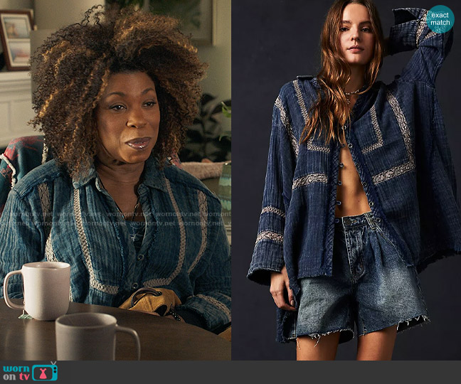 Free People Ranch Wash Shirt in Indigo worn by Viola Marsette (Lorraine Toussaint) on The Equalizer