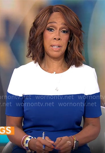 Gayle's blue and white colorblock dress on CBS This Morning