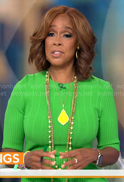 Gayle King's green rib knit dress on CBS Mornings
