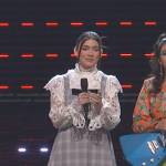 Gina Miles’s white eyelet blouse and grey plaid dress on The Voice