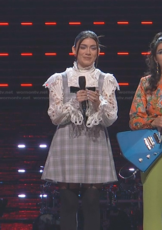 Gina Miles's white eyelet blouse and grey plaid dress on The Voice