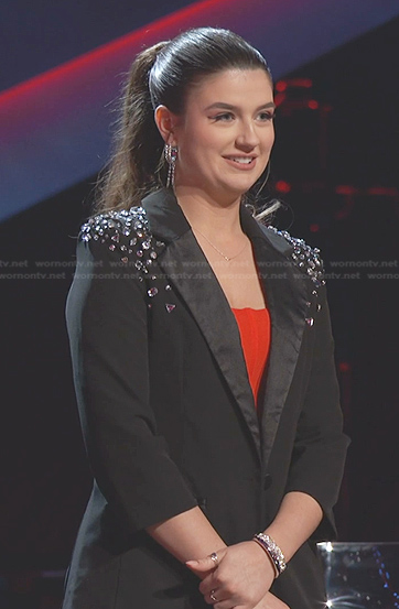 Grace West’s black gem stone shoulder blazer on The Voice