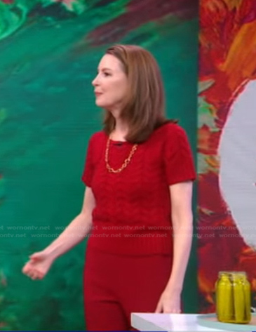 Gretchen Rubin’s red cable knit short sleeve sweater on Good Morning America