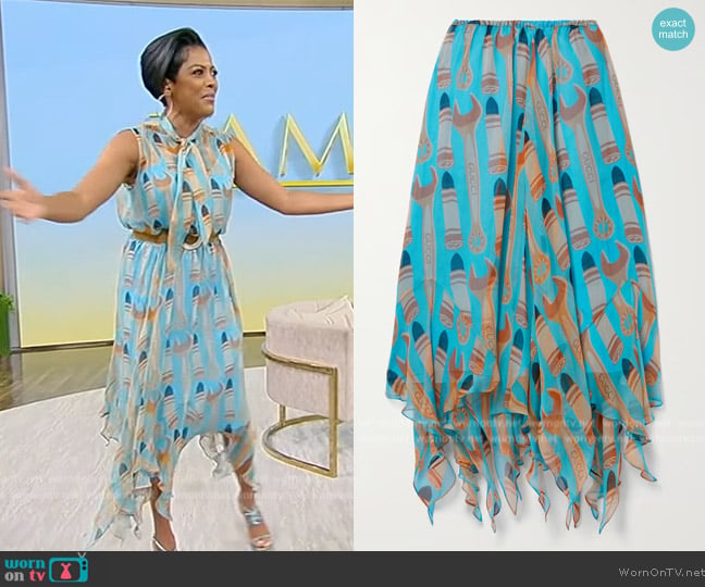 Gucci Asymmetric printed silk-crepon midi skirt worn by Tamron Hall on Tamron Hall Show