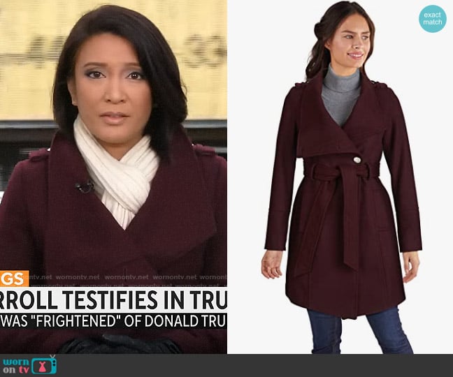 Guess Wine Belted Coat worn by Elaine Quijano on CBS Mornings