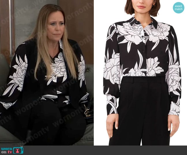 Halogen Solid Button-Up Shirt in Blooming Black worn by Laura Collins (Genie Francis) on General Hospital