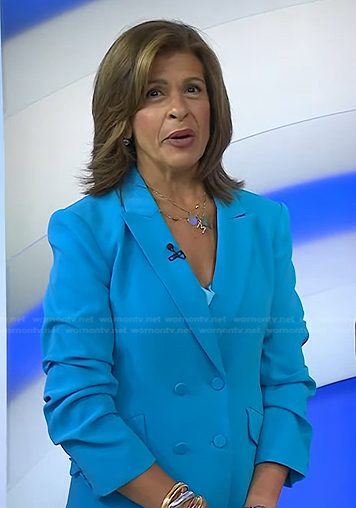 Hoda's blue ruched sleeve blazer and cowl neck cami on Today