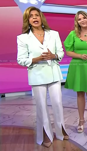 Hoda’s mint green double breasted blazer and white slit pants on Today