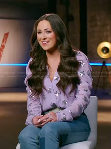 Holly Brand’s purple sequin star embellished blouse on The Voice