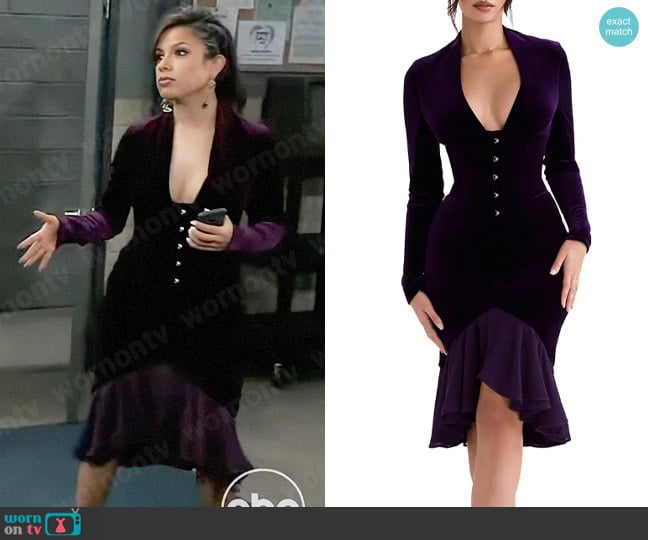 House of CB Corset Long Sleeve Velvet Dress worn by Alison 'Blaze' Rogers (Jacqueline Grace Lopez) on General Hospital