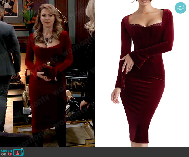 House of CB Lace Trim Long Sleeve Velvet Midi Dress worn by Holly Sutton (Emma Samms) on General Hospital