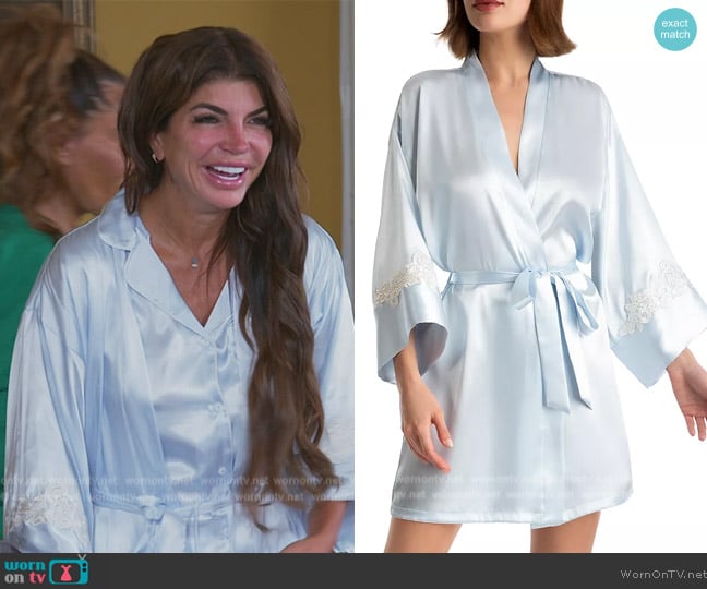 In Bloom by Jonquil Ophelia Blue Satin Lace Trim Wrap Robe worn by Teresa Giudice on The Real Housewives of New Jersey