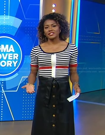 Janai’s striped tee and black leather skirt on Good Morning America