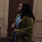 Janine’s mustard jacquard coat on Abbott Elementary