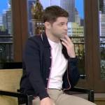 Jeremy Jordan’s navy contrast stripe cardigan on Live with Kelly and Ryan