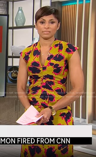 Jericka Duncan’s abstract print ruched dress on CBS Mornings