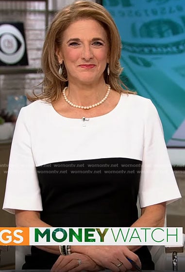 Jill Schlesinger’s black and white dress on CBS Mornings