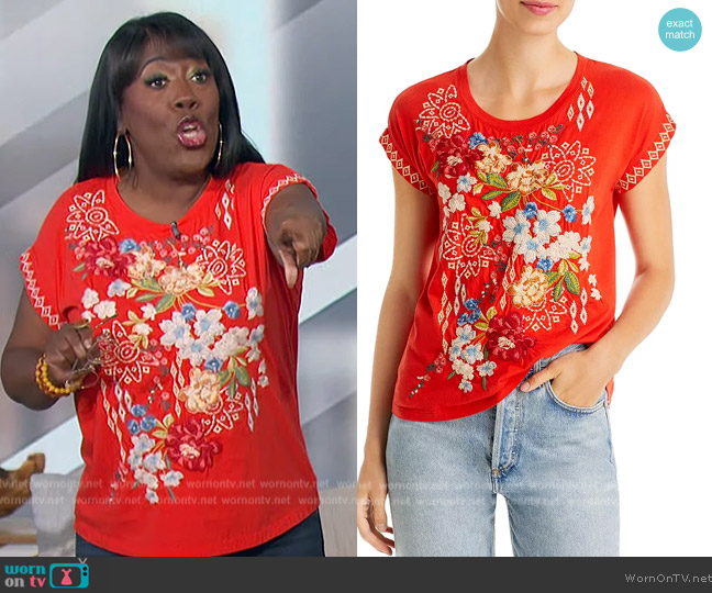 Johnny Was Josephine Embroidered Tee worn by Sheryl Underwood on The Talk